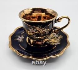 Set of 6 Royal Linoj Seckin Floral Cobalt Blue 24K Gold Demitasse Cups & Saucers
