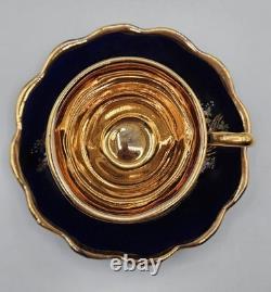 Set of 6 Royal Linoj Seckin Floral Cobalt Blue 24K Gold Demitasse Cups & Saucers