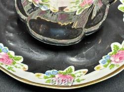 Set of 6 Vintage BLACK / GOLD / PINK ROSES Demitasse Cups & Saucers 2 1/4
