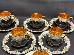 Set of 6 Vintage BLACK / GOLD / PINK ROSES Demitasse Cups & Saucers 2 1/4