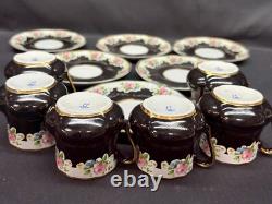 Set of 6 Vintage BLACK / GOLD / PINK ROSES Demitasse Cups & Saucers 2 1/4