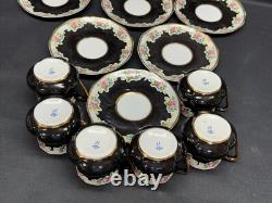 Set of 6 Vintage BLACK / GOLD / PINK ROSES Demitasse Cups & Saucers 2 1/4