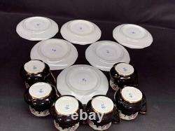 Set of 6 Vintage BLACK / GOLD / PINK ROSES Demitasse Cups & Saucers 2 1/4