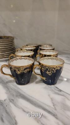 Set of 8 Haviland Limoges Gold Scrollwork & Cobalt Demitasse Cups & Saucers