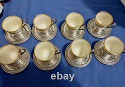 Set of 8 Sterling Silver Demitasse Cups and Saucers with Lenox Liners