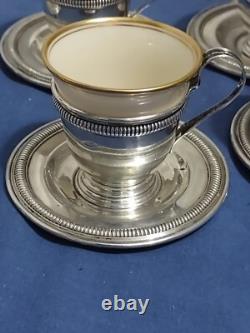 Set of 8 Sterling Silver Demitasse Cups and Saucers with Lenox Liners