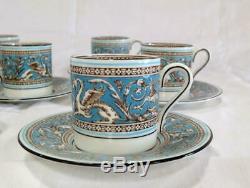 Set of 8 Wedgwood Florentine Turquoise Blue Bond Shape Demitasse Cups & Saucers