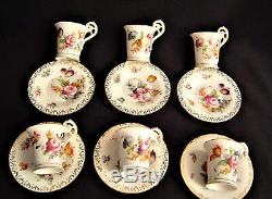Set of six Dresden Flowers Demi tasse Cups and saucers Hand Painted Antique