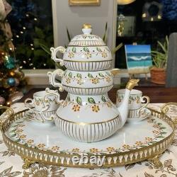 Sevres Porcelain Stacking Teapot Set Sugar Creamer Demitasse Cups Saucers Tray