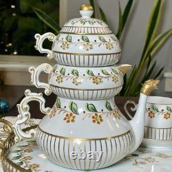 Sevres Porcelain Stacking Teapot Set Sugar Creamer Demitasse Cups Saucers Tray