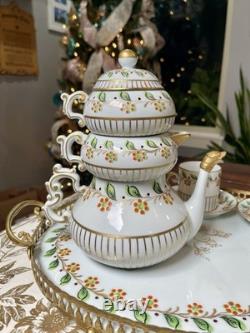 Sevres Porcelain Stacking Teapot Set Sugar Creamer Demitasse Cups Saucers Tray