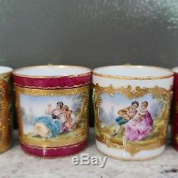 Sevres Style Hand Painted Courting Couples Demitasse Cup and Saucers heavy gold