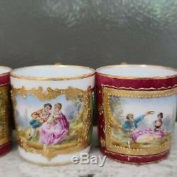 Sevres Style Hand Painted Courting Couples Demitasse Cup and Saucers heavy gold