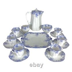 Shelley Demitasse Set Dainty Blue Teapot Sugar Creamer Coffee Pot Cups Saucers