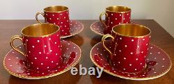 Shelley England Burgundy Polka Dot Bone China Demitasse Cup & Saucer Set of 4