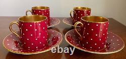 Shelley England Burgundy Polka Dot Bone China Demitasse Cup & Saucer Set of 4