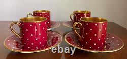 Shelley England Burgundy Polka Dot Bone China Demitasse Cup & Saucer Set of 4