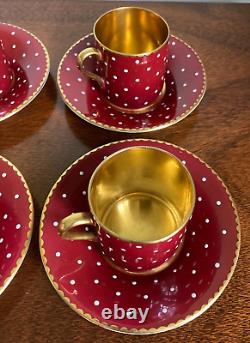 Shelley England Burgundy Polka Dot Bone China Demitasse Cup & Saucer Set of 4