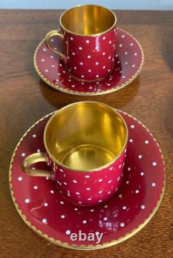 Shelley England Burgundy Polka Dot Bone China Demitasse Cup & Saucer Set of 4