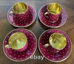 Shelley England Burgundy Polka Dot Bone China Demitasse Cup & Saucer Set of 4