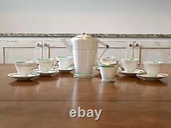 Shelley Eve 12480 Green Silver Lines Demitasse Set 6x Cups Saucers Coffee Pot