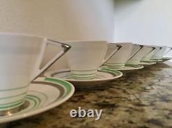 Shelley Eve 12480 Green Silver Lines Demitasse Set 6x Cups Saucers Coffee Pot