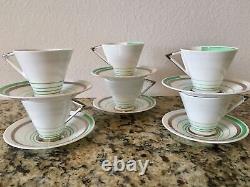 Shelley Eve 12480 Green Silver Lines Demitasse Set 6x Cups Saucers Coffee Pot