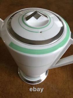 Shelley Eve 12480 Green Silver Lines Demitasse Set 6x Cups Saucers Coffee Pot