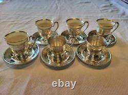 Six Antique Whiting Sterling Silver Georgian Demitasse Cups Saucers 469.17 Grams