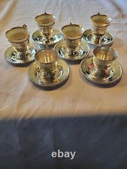 Six Antique Whiting Sterling Silver Georgian Demitasse Cups Saucers 469.17 Grams