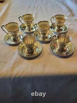 Six Antique Whiting Sterling Silver Georgian Demitasse Cups Saucers 469.17 Grams