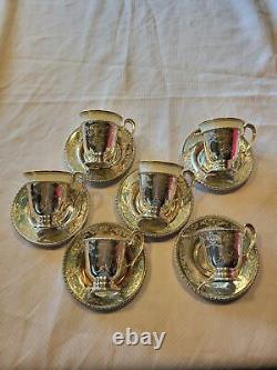 Six Antique Whiting Sterling Silver Georgian Demitasse Cups Saucers 469.17 Grams