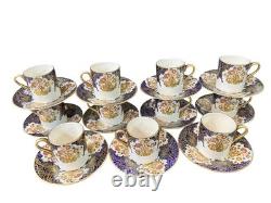 Soho Pottery Solian Ware Demitasse cups & saucers cobalt Blue Gold Set of 11