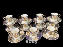 Soho Pottery Solian Ware Demitasse cups & saucers cobalt Blue Gold Set of 11