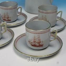 Spode Copeland England Red Trade Winds Coffee Pot, 4 Demitasse Cups & Saucers