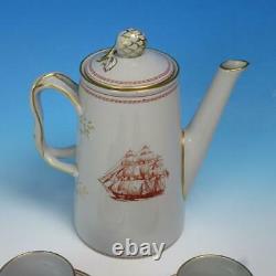 Spode Copeland England Red Trade Winds Coffee Pot, 4 Demitasse Cups & Saucers