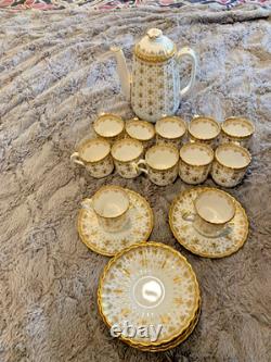 Spode Fleur de lys gold demitasse 12 cup saucer set coffee and teapot. Unused