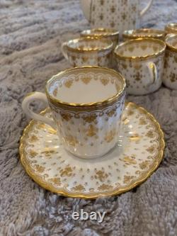 Spode Fleur de lys gold demitasse 12 cup saucer set coffee and teapot. Unused