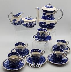 Spode's Tower Blue 6 Demitasse Cups With Saucers Creamer Covered Sugar Tea Pot