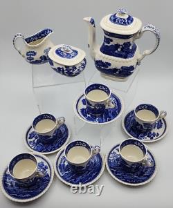 Spode's Tower Blue 6 Demitasse Cups With Saucers Creamer Covered Sugar Tea Pot