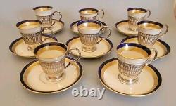 Sterling Coffee Demitasse Holders withLenox Cups Set of 8 Cobalt & Gold With Saucers