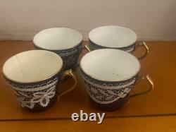 Testolini Venezia Lace 4 Cobalt Blue & White Demitasse Cups & 2 Saucers Italy