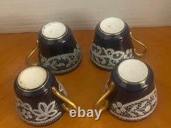 Testolini Venezia Lace 4 Cobalt Blue & White Demitasse Cups & 2 Saucers Italy