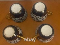 Testolini Venezia Lace 4 Cobalt Blue & White Demitasse Cups & 2 Saucers Italy