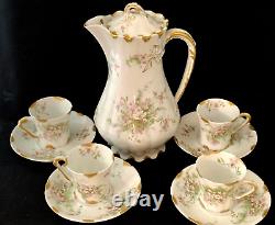 Theodore Haviland Limoges Chocolate Pot with 4 Demitasse Cups & Saucers