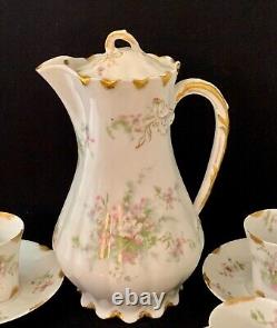 Theodore Haviland Limoges Chocolate Pot with 4 Demitasse Cups & Saucers