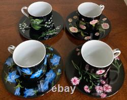 Tiffany & Co. Mrs. Delany's Flowers Flat Demitasse Cups & Saucers Set of 4