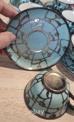 Turquoise Withsilver Inlay Demitasse Cups & Saucers Germany Antique/Vintage (6)