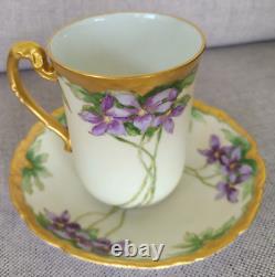 Tv Limoges Depose Antique Teacup & Saucer Set Heavy Gold Violets 1904 Demitasse