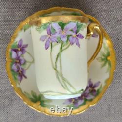 Tv Limoges Depose Antique Teacup & Saucer Set Heavy Gold Violets 1904 Demitasse